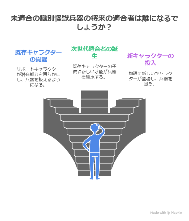 未適合の識別怪獣兵器の将来の適合者が誰になるかを示す図。中央に階段を前に悩む人物のイラストがあり、上部に3つの選択肢が並んでいる。
左は『既存キャラクターの覚醒』で、既存のサポートキャラが兵器を扱えるようになる可能性。
中央は『次世代適合者の誕生』で、既存キャラの子供や新しい世代が兵器を継承するという案。
右は『新キャラクターの投入』で、物語に新キャラが登場し兵器を扱うことを示している。
