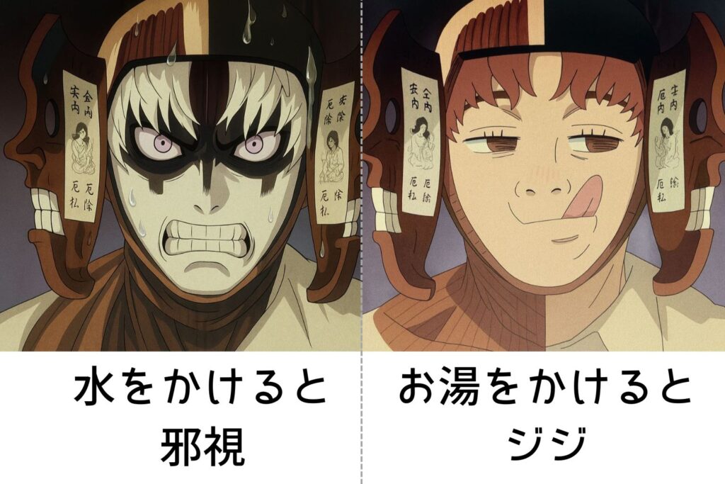 アニメ『ダンダダン』のキャラクター「ジジ」が左右で異なる姿に変身した様子を対比した画像。
左側は冷水を浴びた後で、白髪と黒い顔の模様が特徴的な「邪視」として怒りの表情を見せている。
右側はお湯を浴びた後で、赤茶色の髪と柔らかな表情の「ジジ」に戻っている。
それぞれの顔にはお札付きの木製仮面が左右に装着されており、背景は室内の柔らかな光に包まれている。
下部にはそれぞれ「水をかけると 邪視」「お湯をかけると ジジ」とテキストが表示されている。