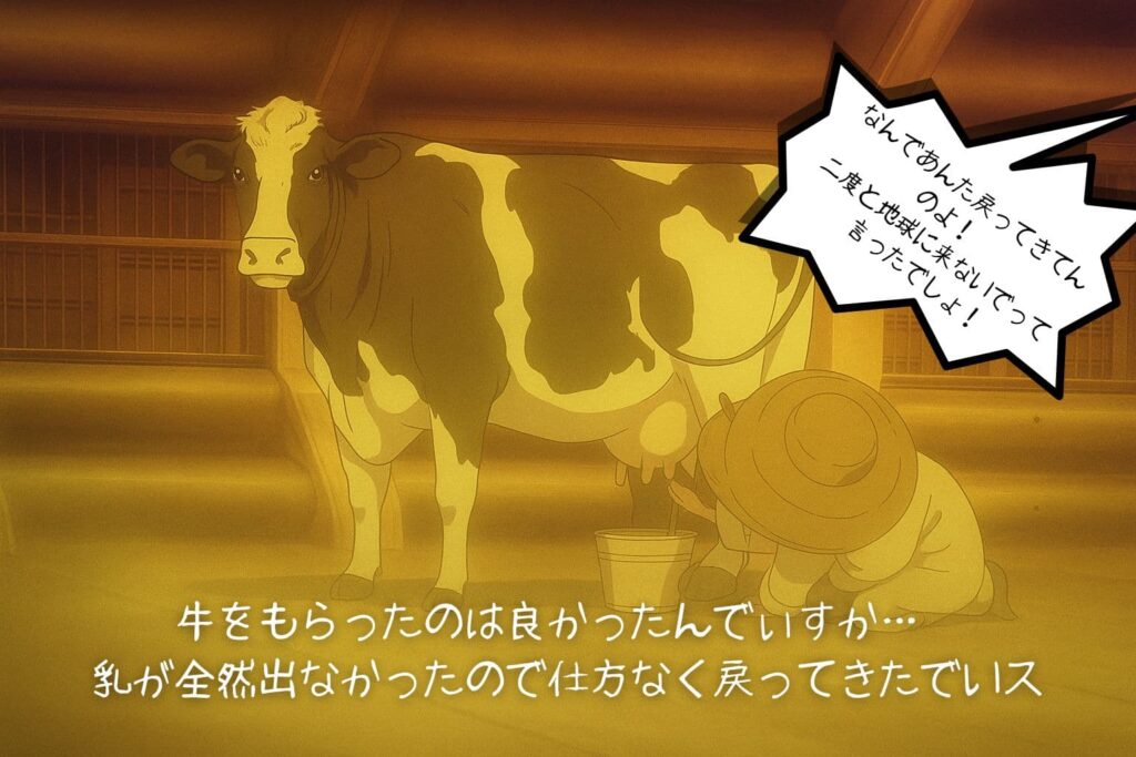 木造の牛舎の中で、白黒模様のホルスタイン牛が立っている。その横で、麦わら帽子をかぶった人物がひざまずき、バケツを置いて搾乳している。全体がやわらかい黄金色の光に包まれ、穏やかな農村の雰囲気が漂っている。