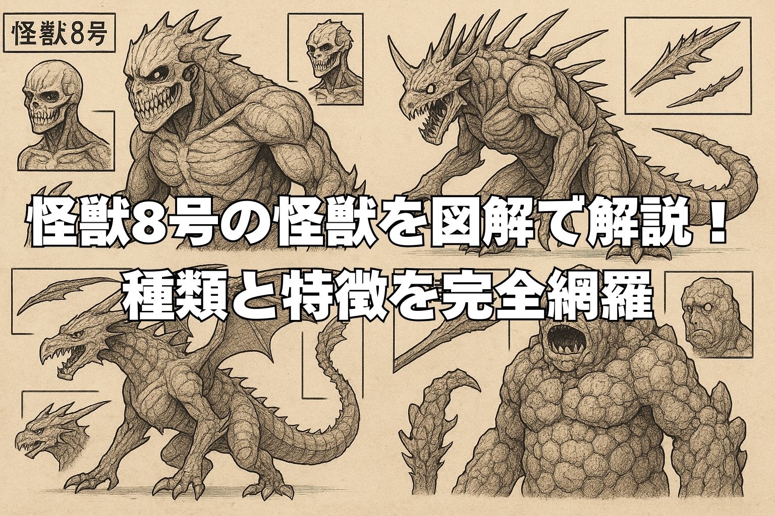 「怪獣8号」に登場する複数の怪獣を図解形式で描いたイラスト。4体の怪獣が異なる角度や部位ごとに詳細に描かれており、それぞれの特徴がわかるように構成されている。