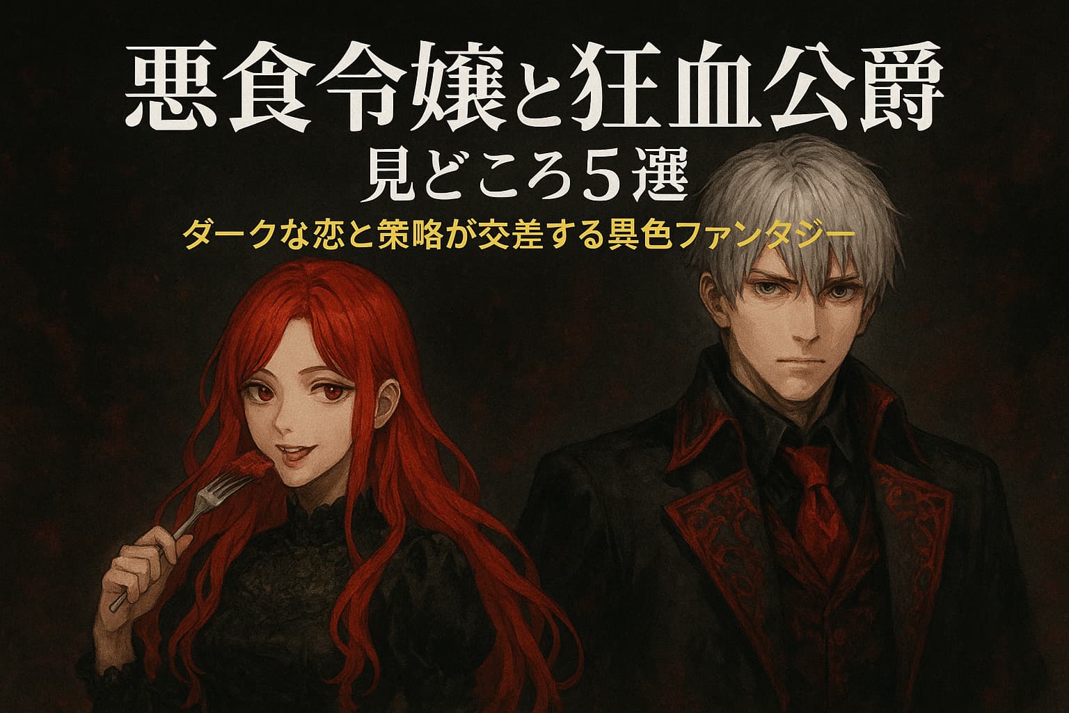 赤髪の令嬢と銀髪の公爵が並ぶ、ダークファンタジーの雰囲気漂うイラスト。「悪食令嬢と狂血公爵 見どころ5選」というタイトルと、「ダークな恋と策略が交差する異色ファンタジー」のサブタイトルが記載されている。