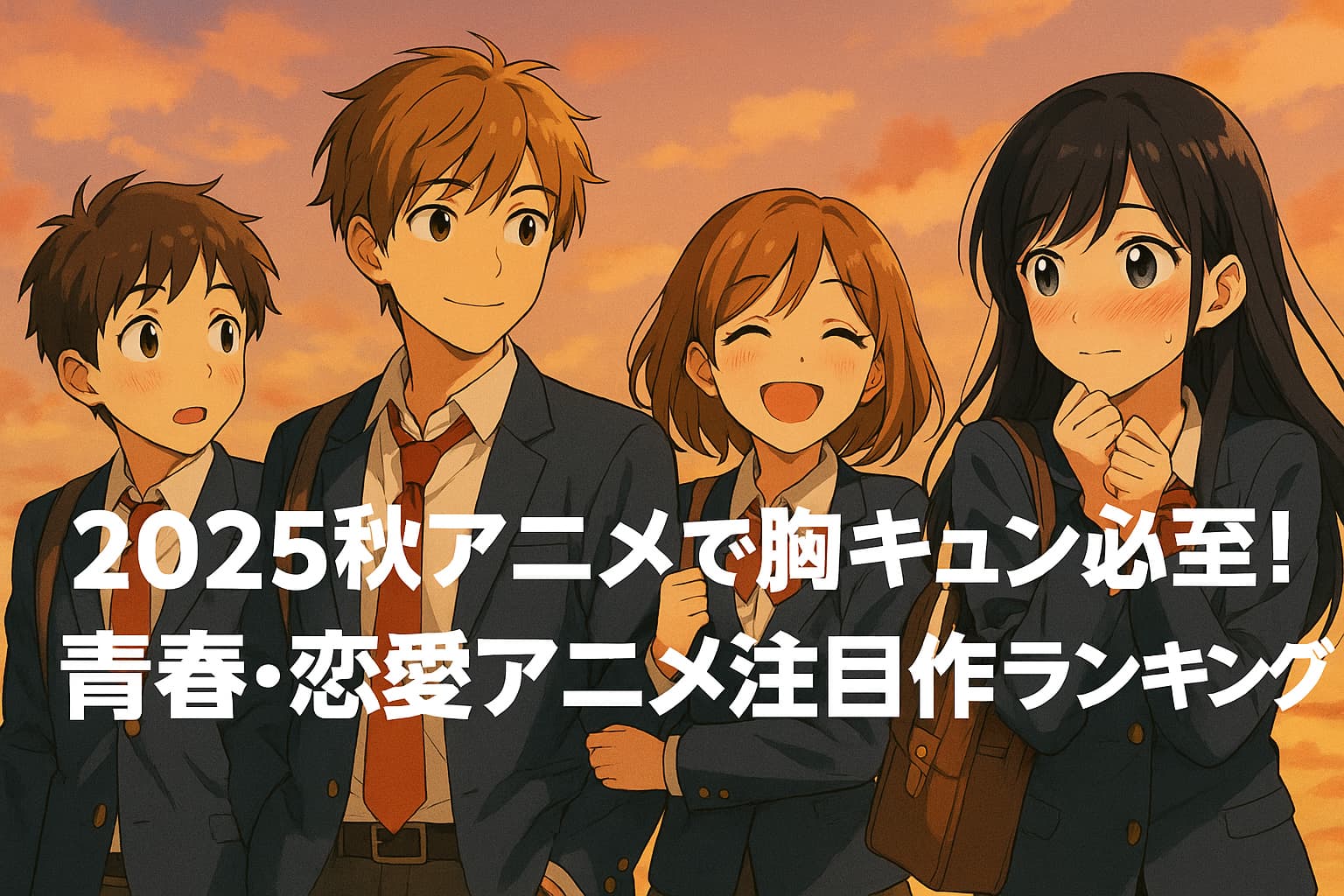 夕焼け空を背景に、制服姿の高校生4人が並んで歩く青春アニメ風イラスト。中央に「2025秋アニメで胸キュン必至！青春・恋愛アニメ注目作ランキング」という白文字のタイトルが配置されている。
