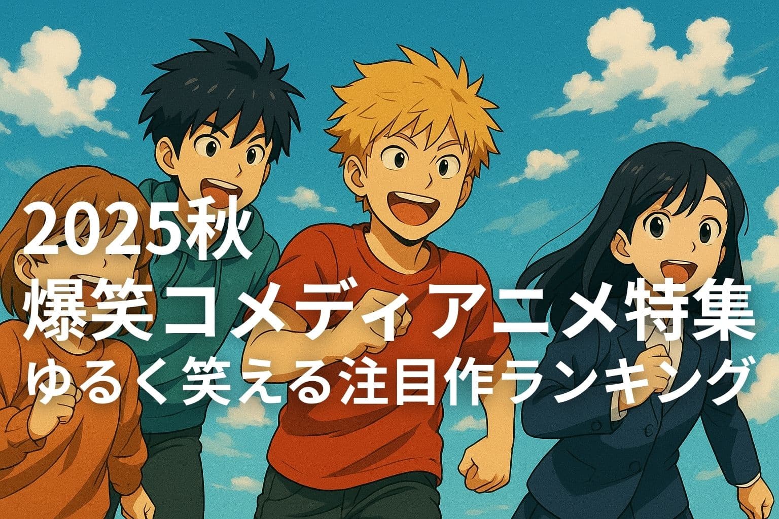 青空を背景に、4人のアニメキャラクターが楽しそうに走りながら笑っているイラスト。中央に「2025秋 爆笑コメディアニメ特集 ゆるく笑える注目作ランキング」という白文字のタイトルが配置されている。