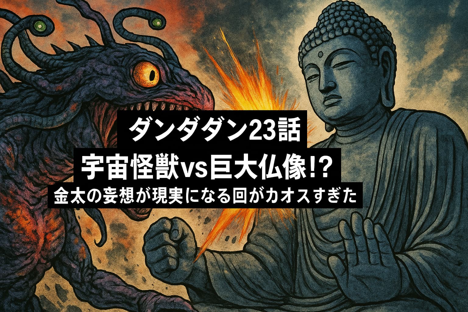 宇宙怪獣と巨大仏像が激突する印象的なシーン。『ダンダダン23話』のカオスな展開を象徴するイラストで、中央にはエピソードタイトルが配置されている。