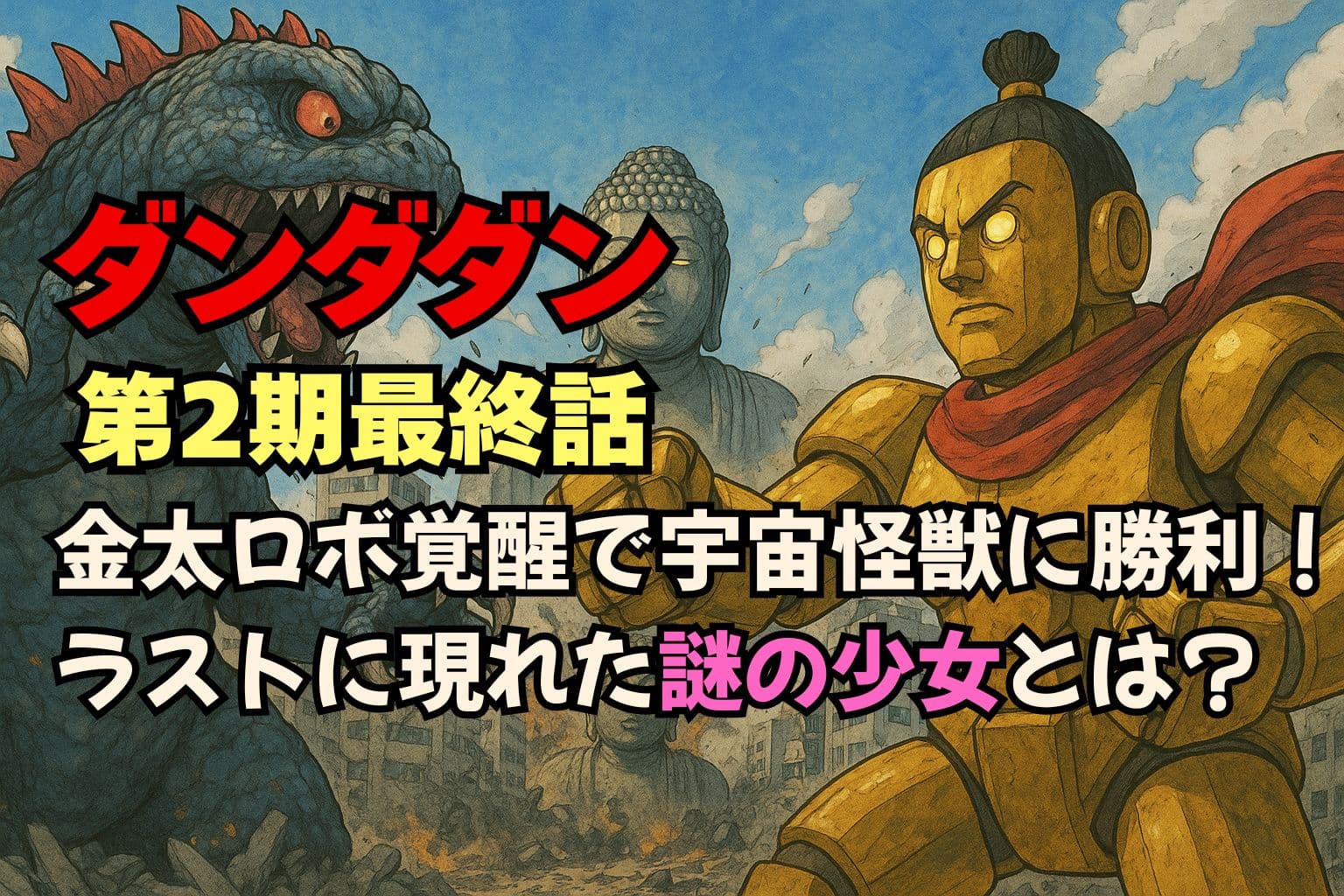 2期最終話、宇宙怪獣と金太郎ロボが荒廃した都市で激突し、背景には大仏ロボが覚醒して立ち上がる様子を描いたアクションシーンのイラスト。