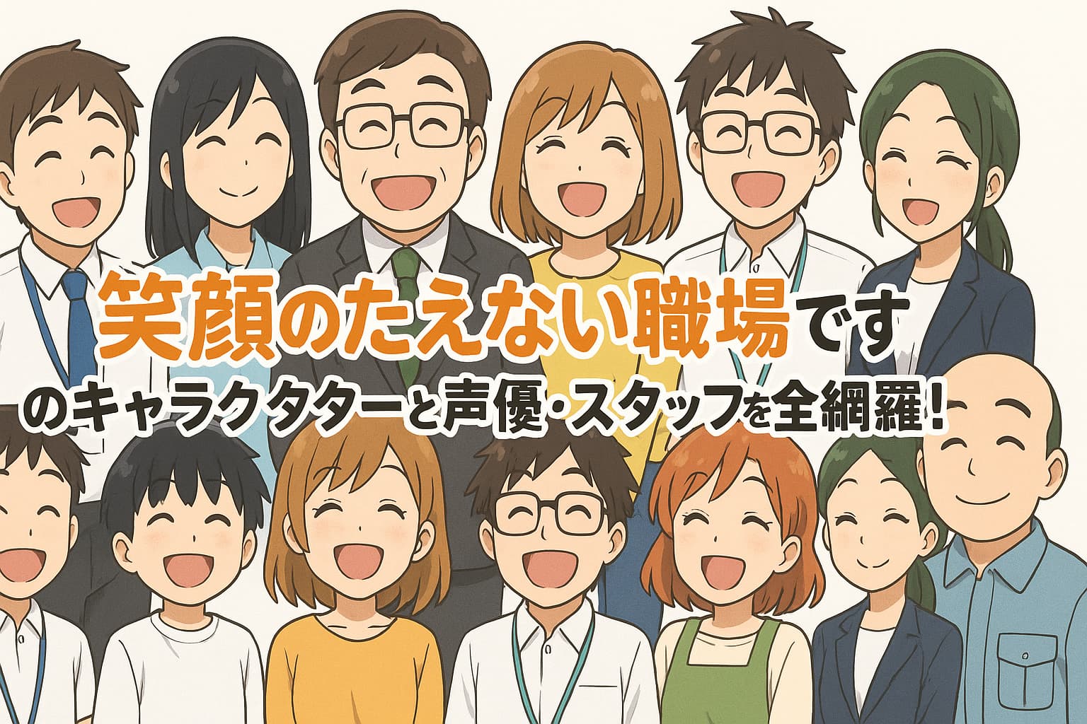 アニメ『笑顔のたえない職場です。』のキャラクターたちが笑顔で並ぶ集合イラスト。中央にタイトルと紹介文が大きく配置されている。