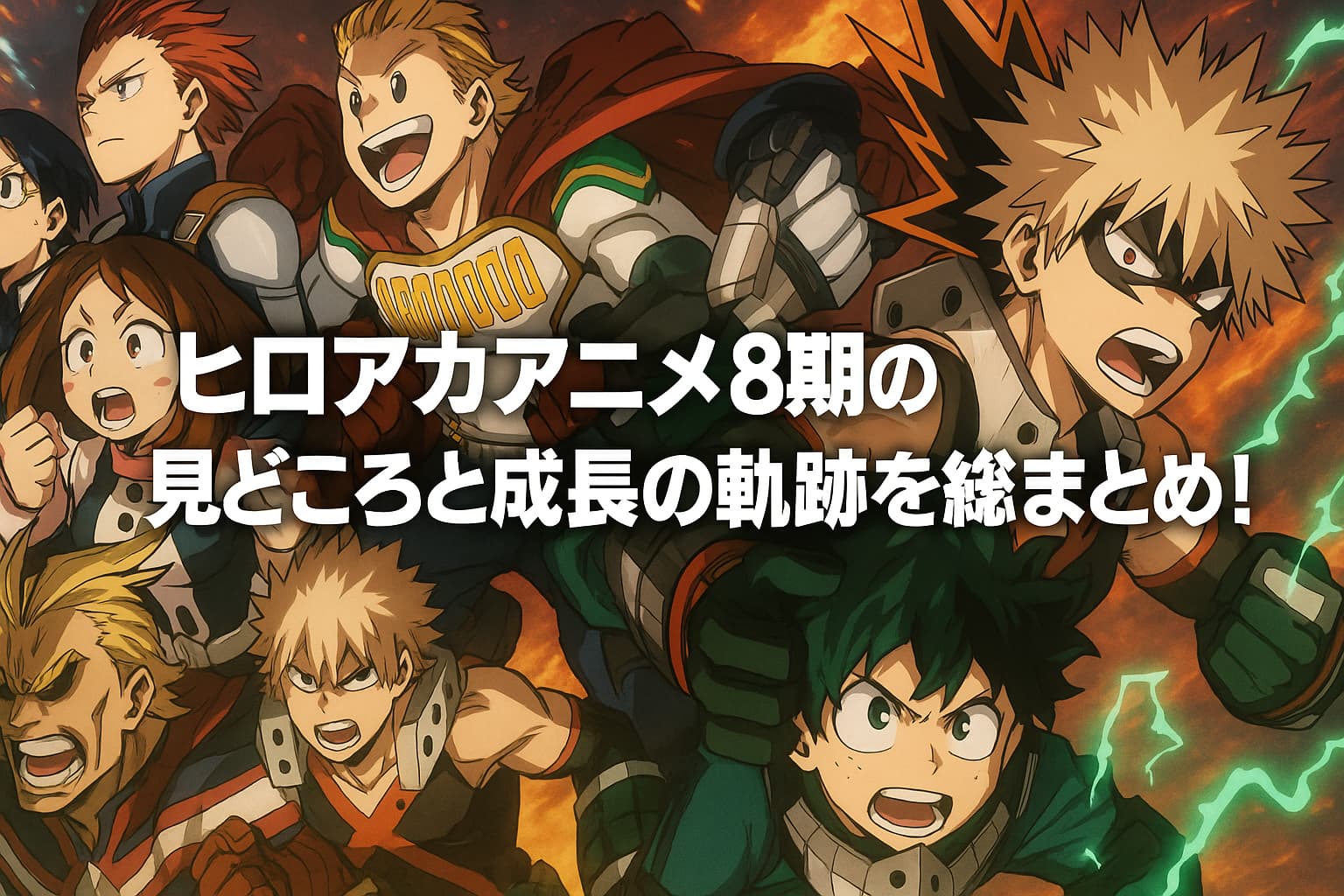 『僕のヒーローアカデミア』アニメ8期の主要キャラクターたちが勢揃いし、迫力あるアクションポーズを決めているビジュアル。背景には炎とエネルギーが交錯し、成長と戦いの熱さを象徴している。