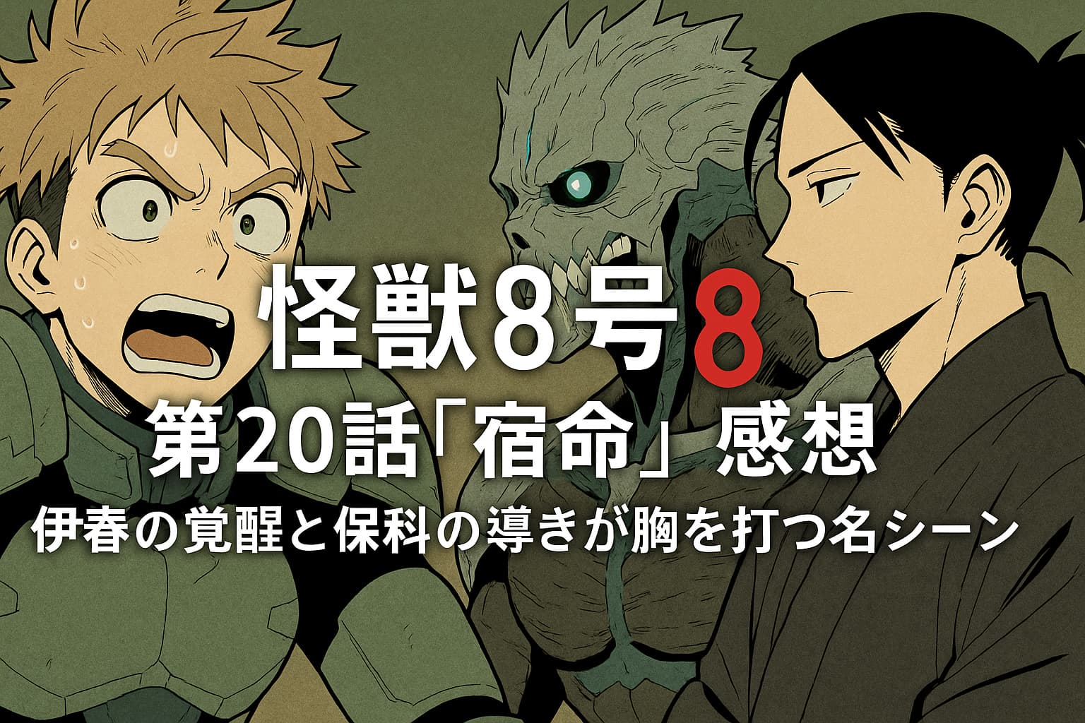 『怪獣8号』第20話「宿命」感想のアイキャッチ画像。伊春の覚醒と保科の導きを象徴するシーンが描かれている。