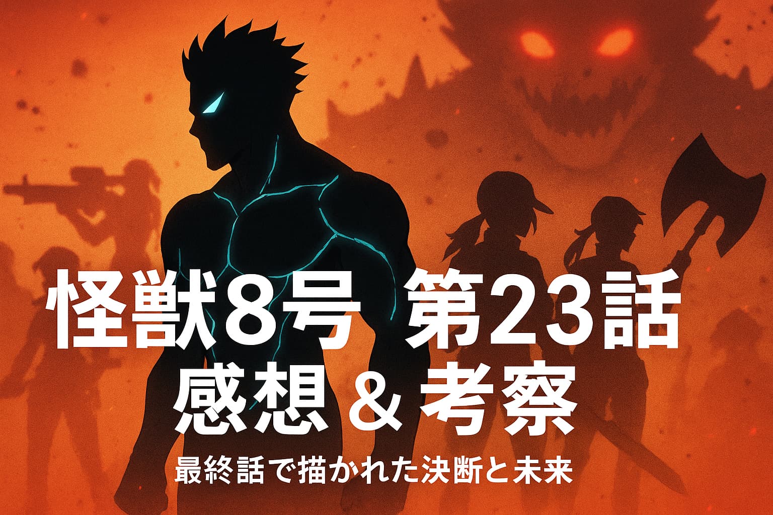 怪獣8号 第23話最終話アイキャッチ｜カフカ怪獣8号のシルエットと仲間たちの影、迫力ある決戦シーン