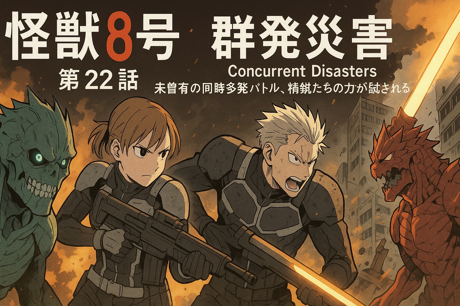 「怪獣８号 第22話」のアイキャッチ画像。瓦礫に覆われた都市で、武装した戦士たちが迫り来る赤と緑の怪獣と対峙する迫力あるシーン。爆炎と煙が舞い上がる中、緊迫した空気が画面いっぱいに描かれている。