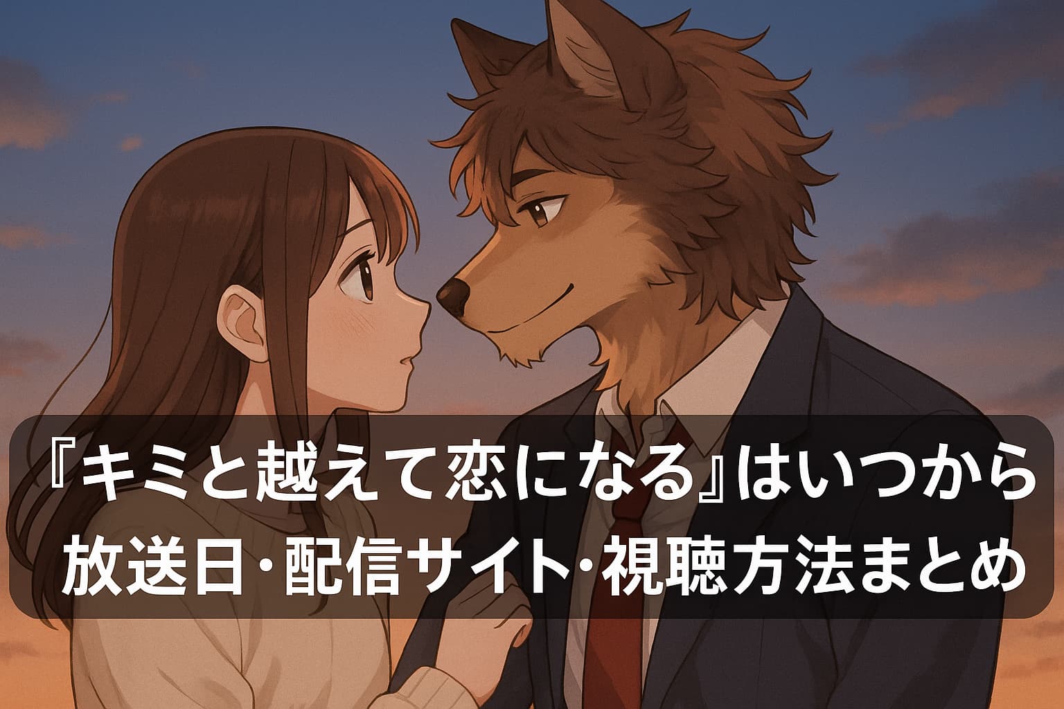 人間の少女と犬の獣人が夕暮れの空の下で見つめ合うイラスト。恋愛をテーマにしたアニメ作品のアイキャッチ。