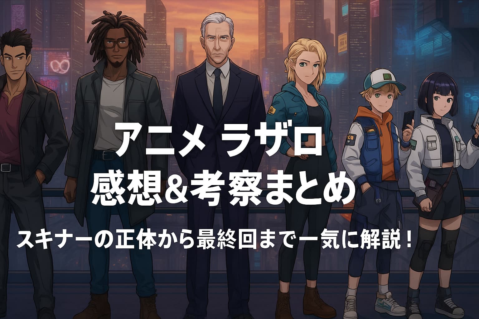 アニメ『ラザロ』の主要キャラクター6人がネオン輝く近未来都市を背景に並ぶ姿。中央に「ラザロ感想＆考察まとめ スキナーの正体から最終回まで一気に解説！」というタイトルテキスト。