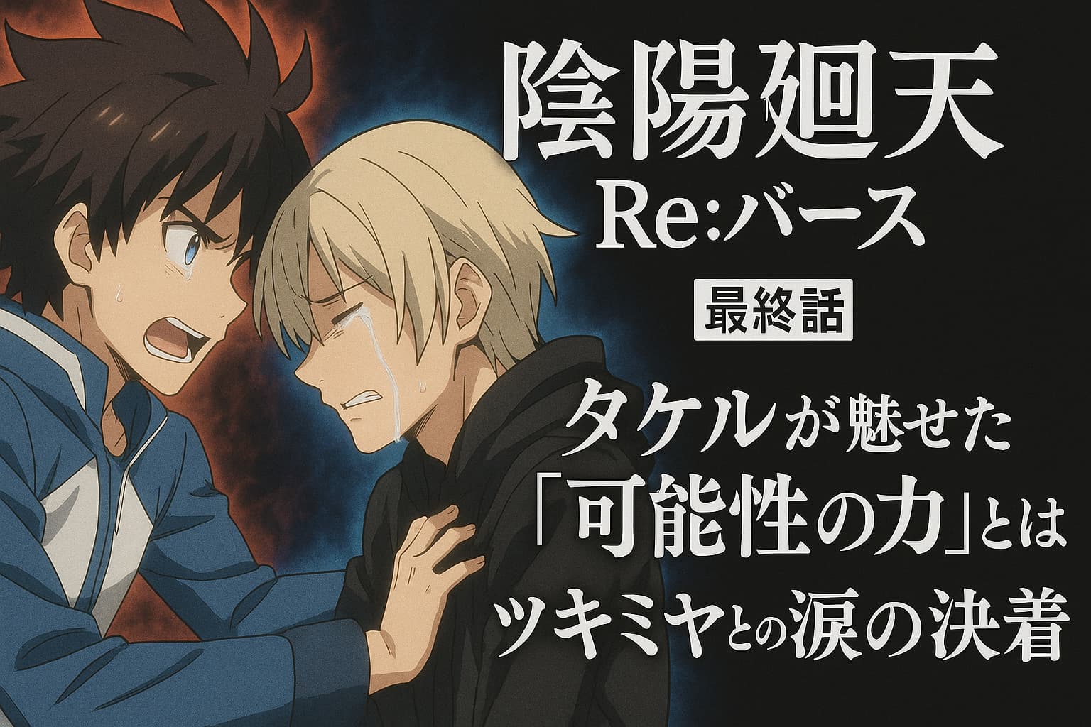 アニメ『陰陽廻天 Re:バース』最終話。タケルとツキミヤが涙を流しながら対峙する感動的なシーン。赤と青のオーラが2人の対立と絆を象徴している。
