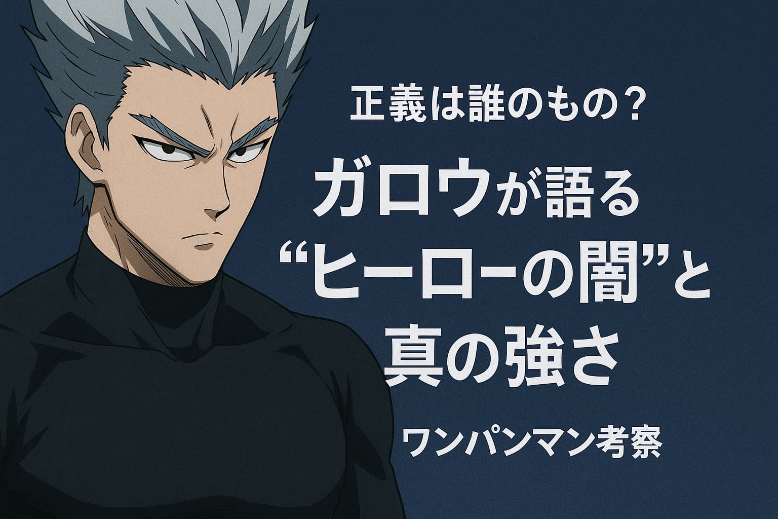 ワンパンマンのガロウが無表情で立つ横長のアニメ風イラスト。背景は深い青で、正義と悪の対立を象徴する構図。