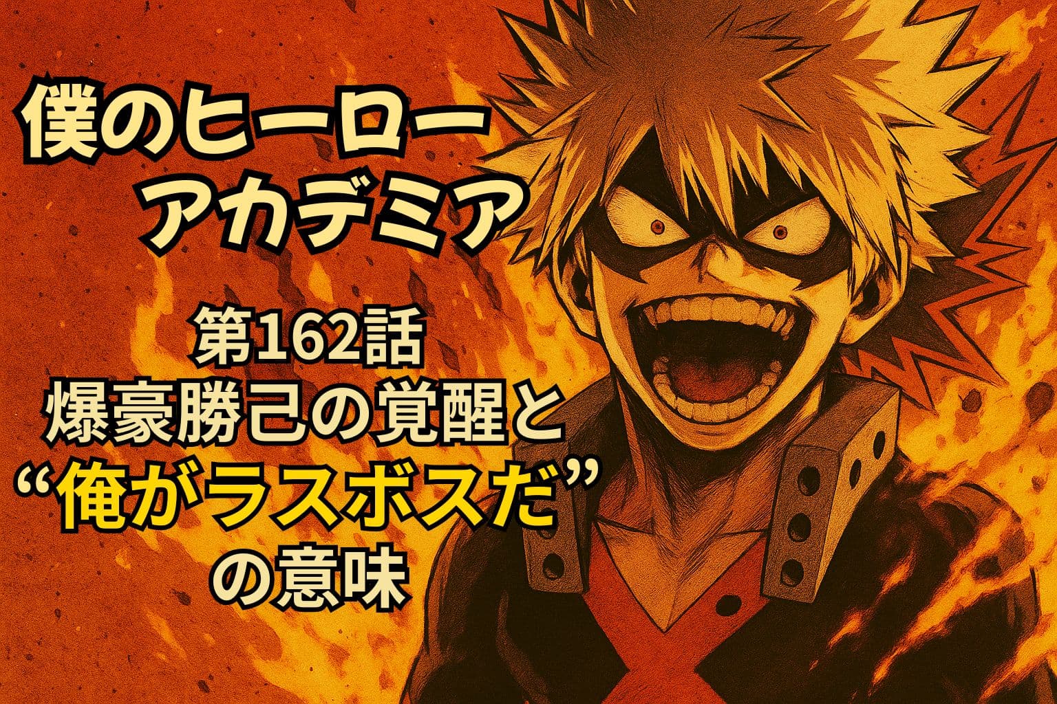 爆豪勝己が炎を背に笑う姿。「僕のヒーローアカデミア第162話｜爆豪勝己の覚醒と“俺がラスボスだ”の意味」のアイキャッチ画像