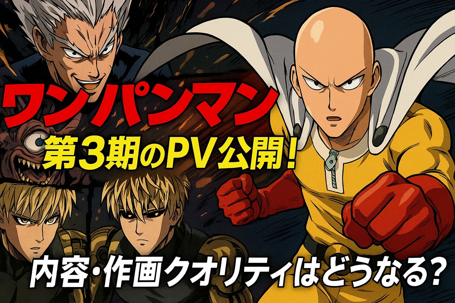 ワンパンマン第3期のPV公開を告知するアイキャッチ画像。サイタマとガロウ、ジェノスが描かれた迫力のある構図。