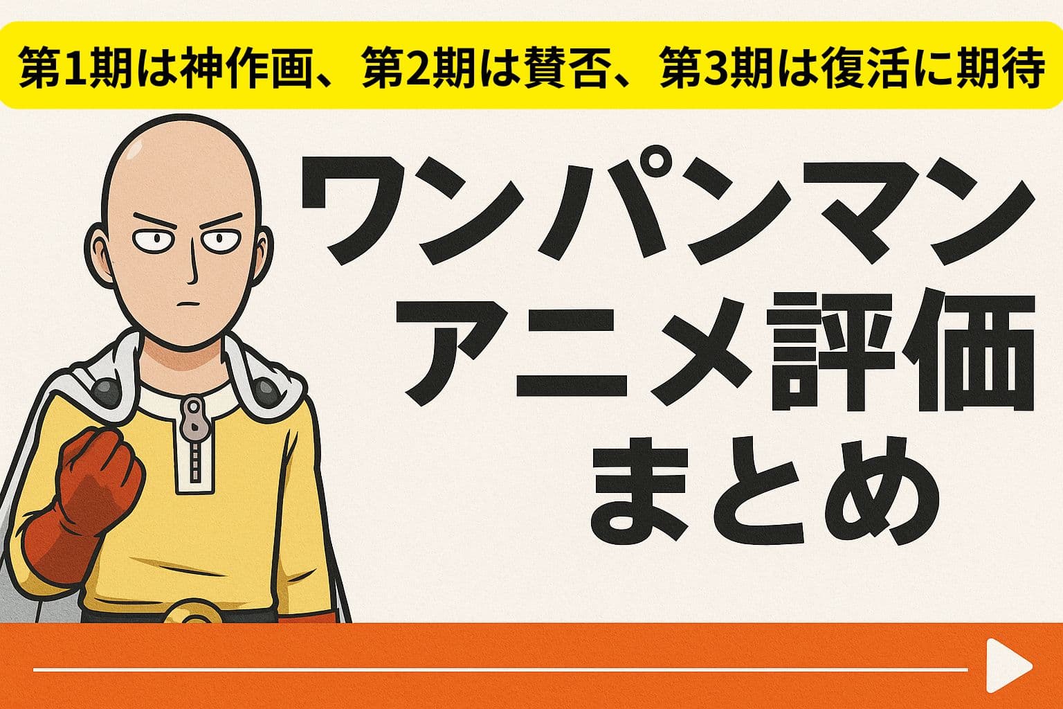 ワンパンマンのアニメ評価をまとめた横長バナー画像（第1期は神作画、第2期は賛否、第3期は復活に期待というテキスト付き）