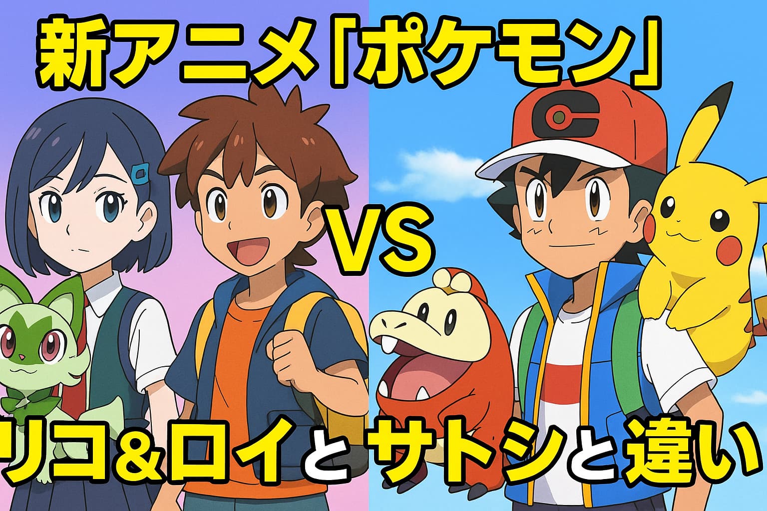 新アニメ『ポケモン』の主人公リコ&ロイと旧主人公サトシ&ピカチュウの比較イラスト