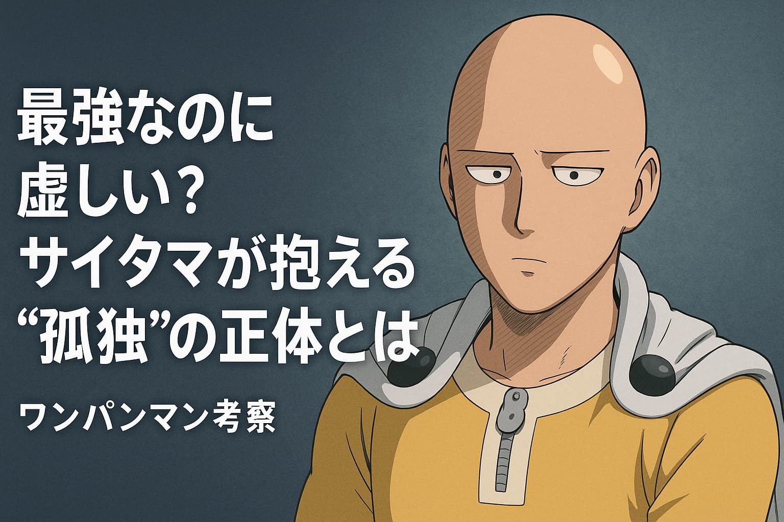 サイタマが無表情で前を見つめる横長のアニメ風イラスト。背景は静かな青灰色で、孤独と強さをテーマにしたデザイン。