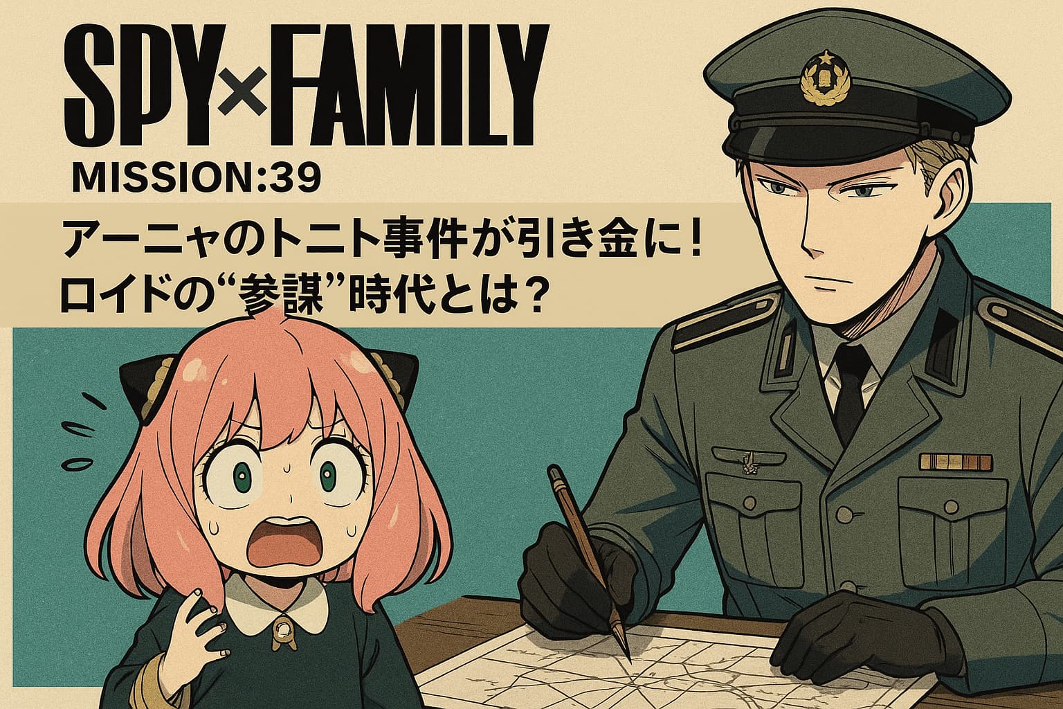 アニ『SPY×FAMILY』MISSION:39のシーンを再現したイラスト。驚いた表情のアーニャと、軍服姿で地図を指しながら真剣な表情を見せるロイドが対比的に描かれている。