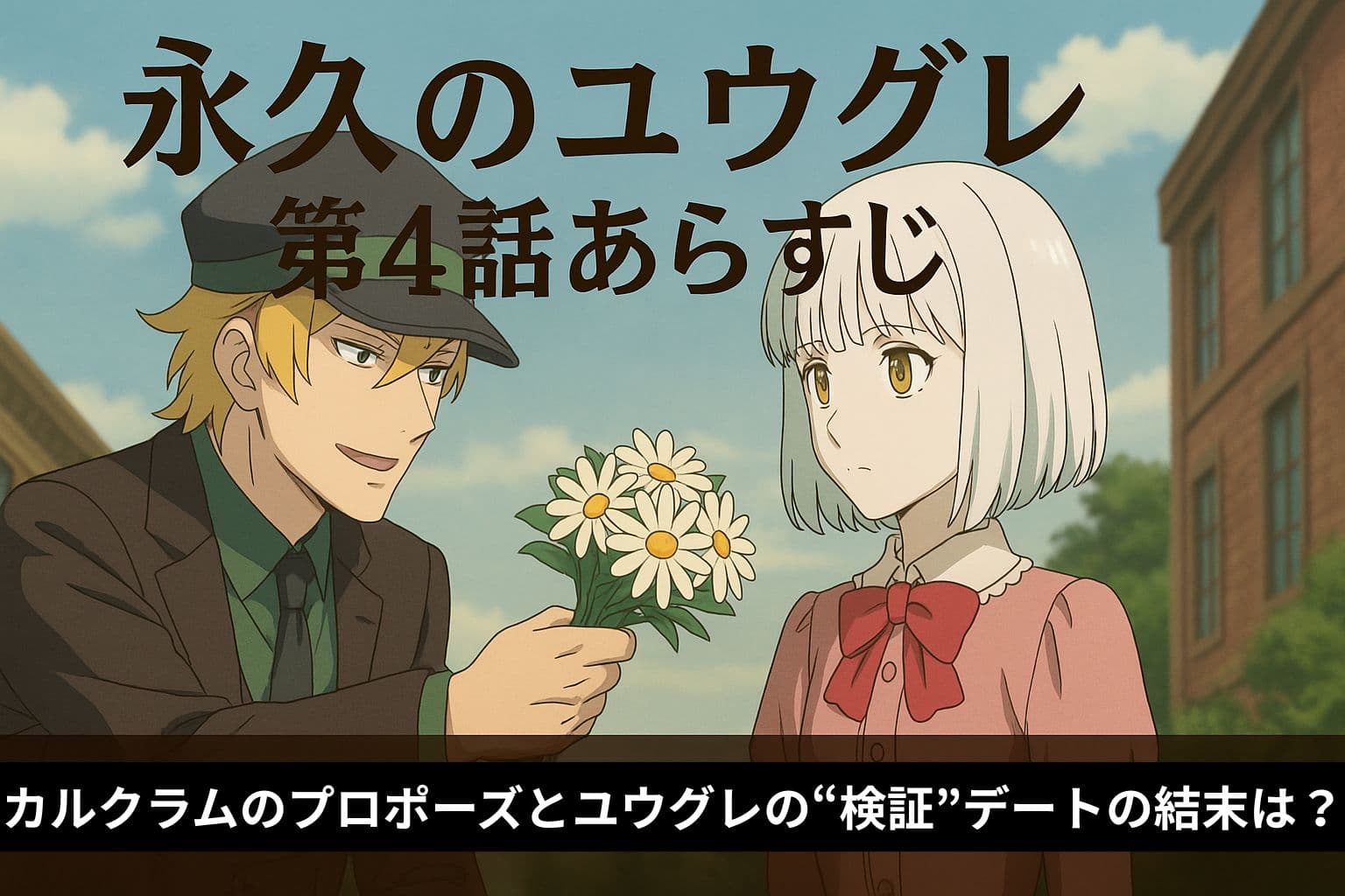 アニメ『永久のユウグレ』第4話、カルクラムがユウグレにマーガレットの花束を渡すシーンのアイキャッチ画像
