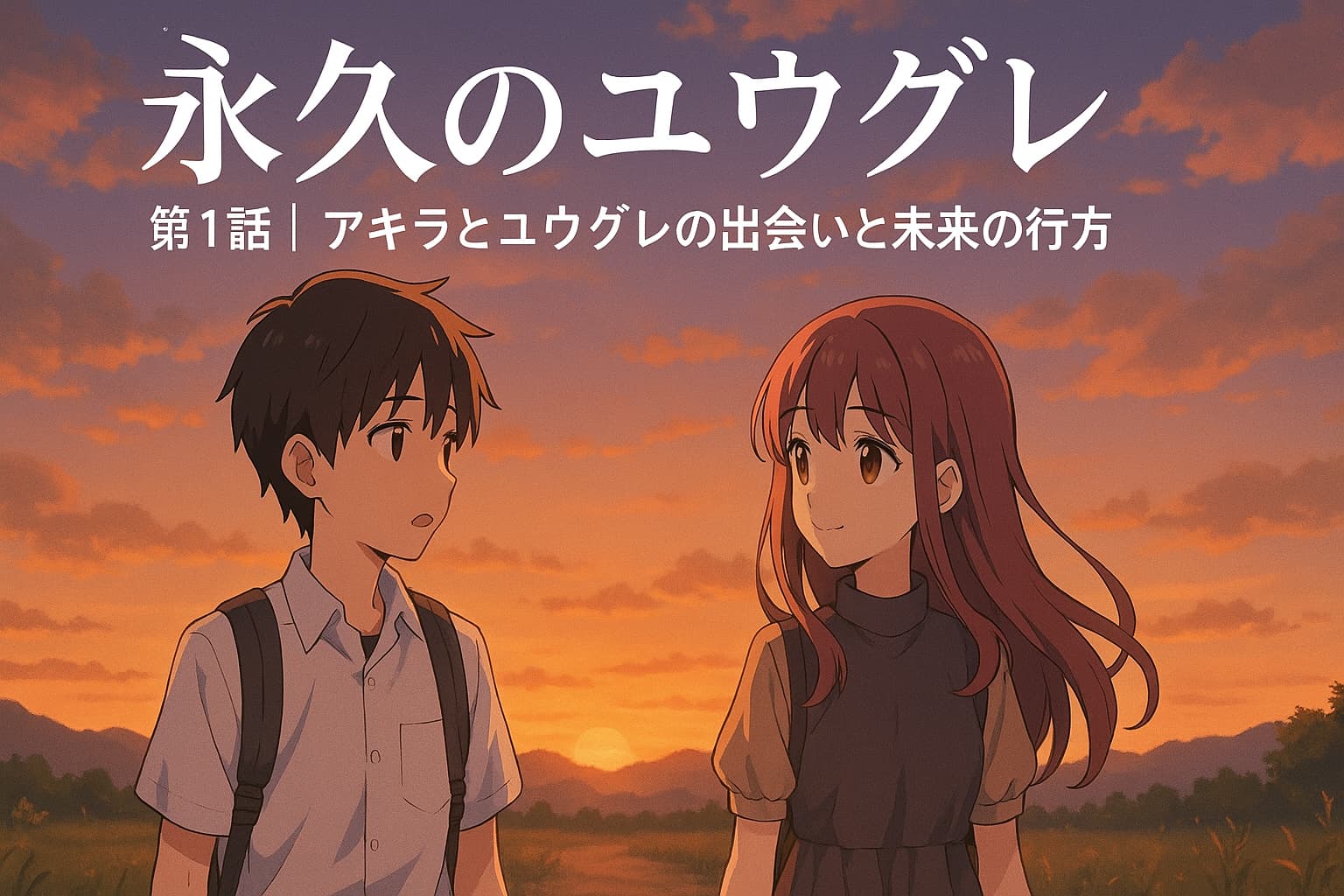 夕暮れの草原で向き合うアキラとユウグレ。未来への出会いを描いたアニメ『永久のユウグレ』第1話のアイキャッチイラスト