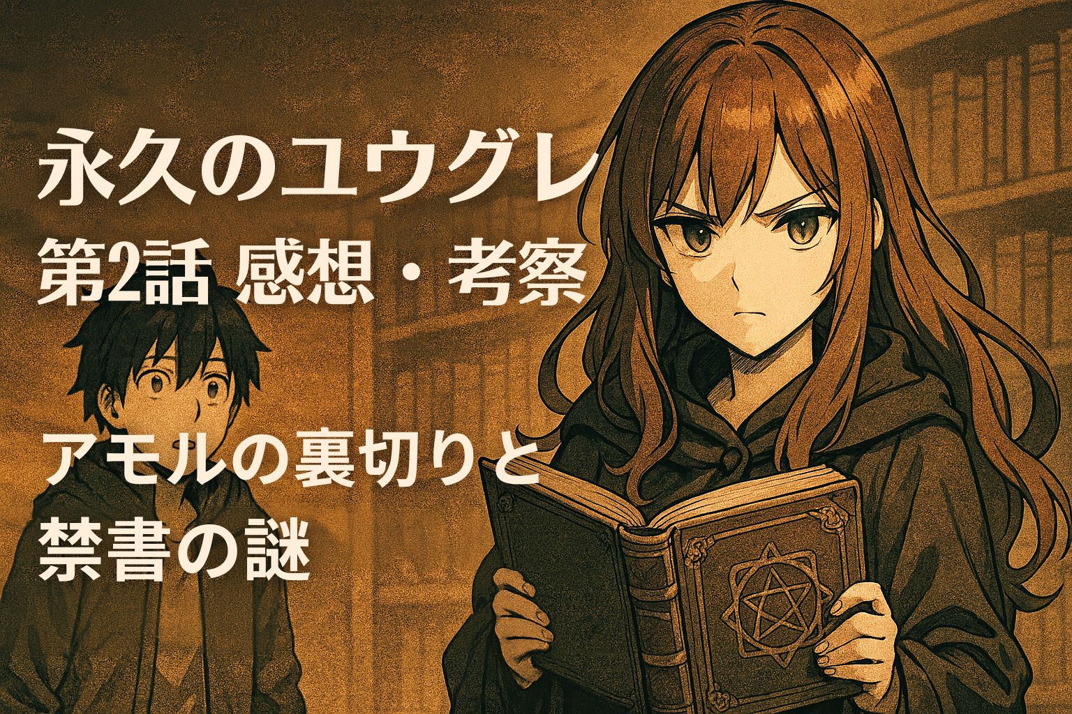 アンドロイドの少女が禁書を手に真剣な表情で立ち、背後には驚いた表情の少年がいる。図書館のような背景とセピア調のアニメ風イラスト。