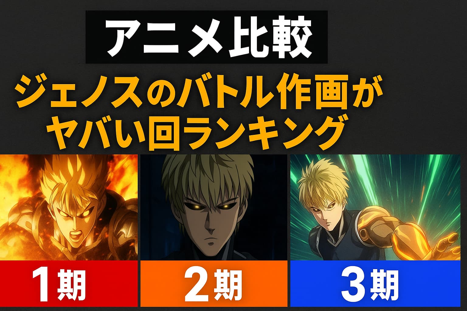 ジェノスのバトル作画がヤバい回ランキング（1期・2期・3期）を比較したアニメ画像。各期のジェノスが迫力あるポーズで並ぶ。