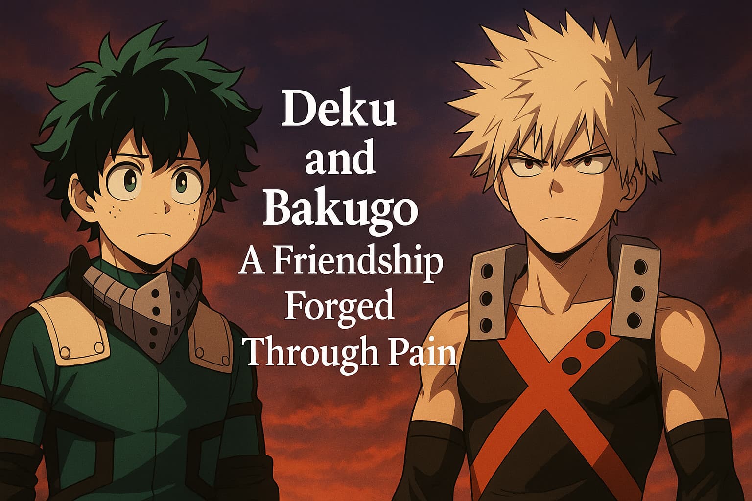 Anime-style illustration of Deku and Bakugo from My Hero Academia, standing side by side under a bright sky, symbolizing their painful yet inspiring friendship.