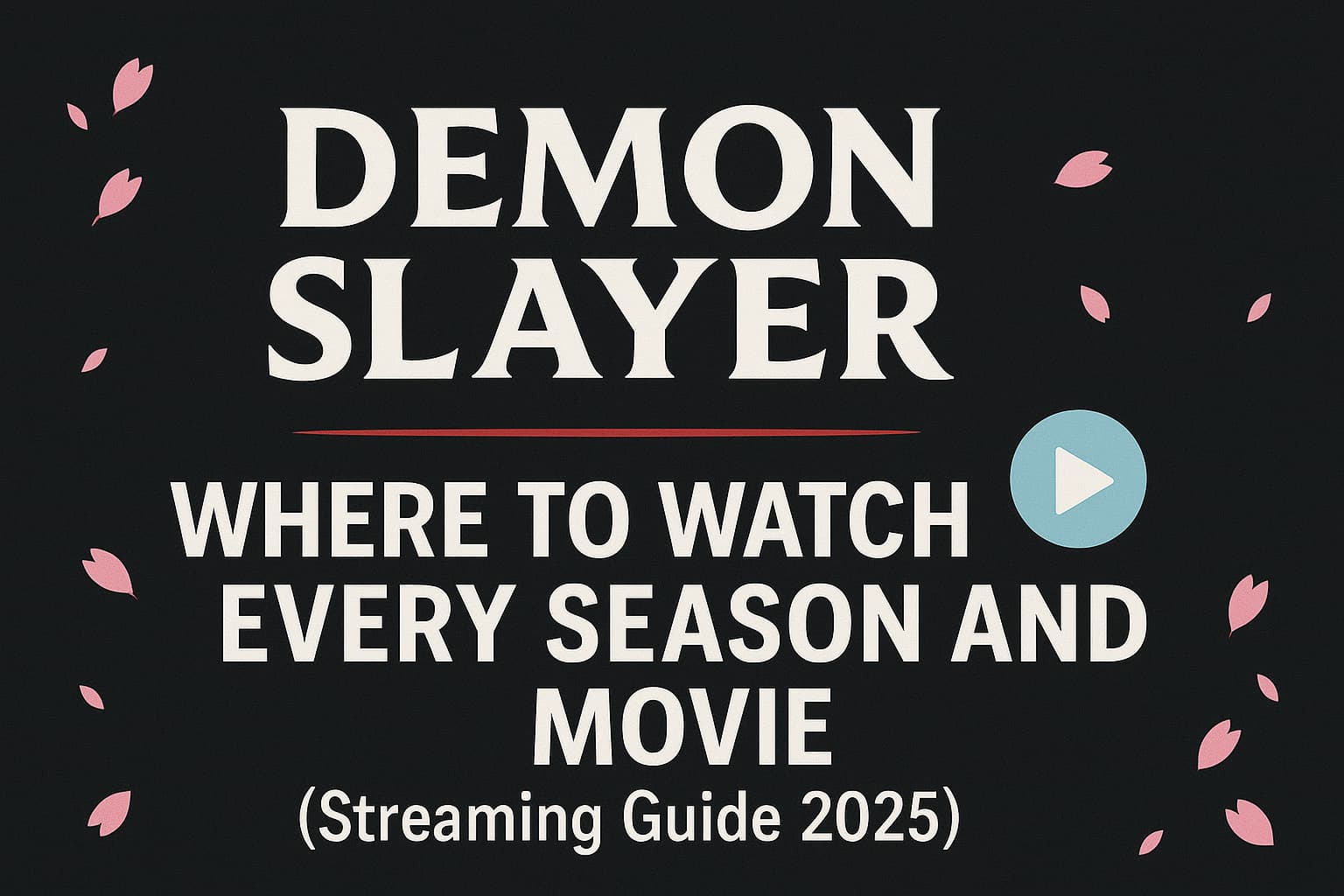 Wide header image for the article “Demon Slayer: Where to Watch Every Season and Movie (Streaming Guide 2025)” featuring cherry blossom petals and a play button icon.