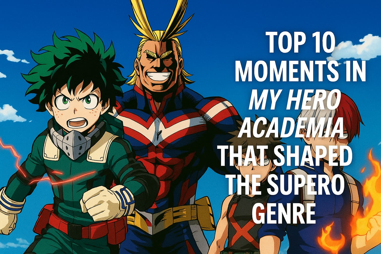 Deku, All Might, Bakugo, and Todoroki stand heroically against a bright blue sky in a dynamic anime-style scene from My Hero Academia, with the title “Top 10 Moments in My Hero Academia That Shaped the Superhero Genre” in bold white letters.