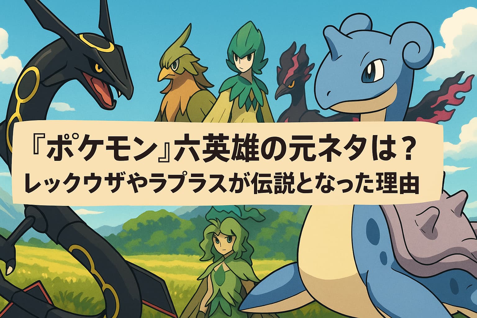 ポケモンの六英雄として描かれるレックウザ、ラプラス、ファイヤーなどの伝説ポケモンが集合したアニメ風イラスト