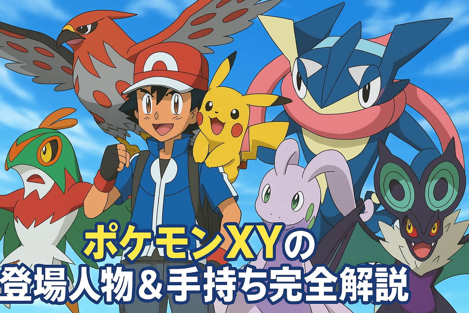 アニメ『ポケモンXY』のサトシと手持ちポケモンたちが勢揃いしているイラスト
