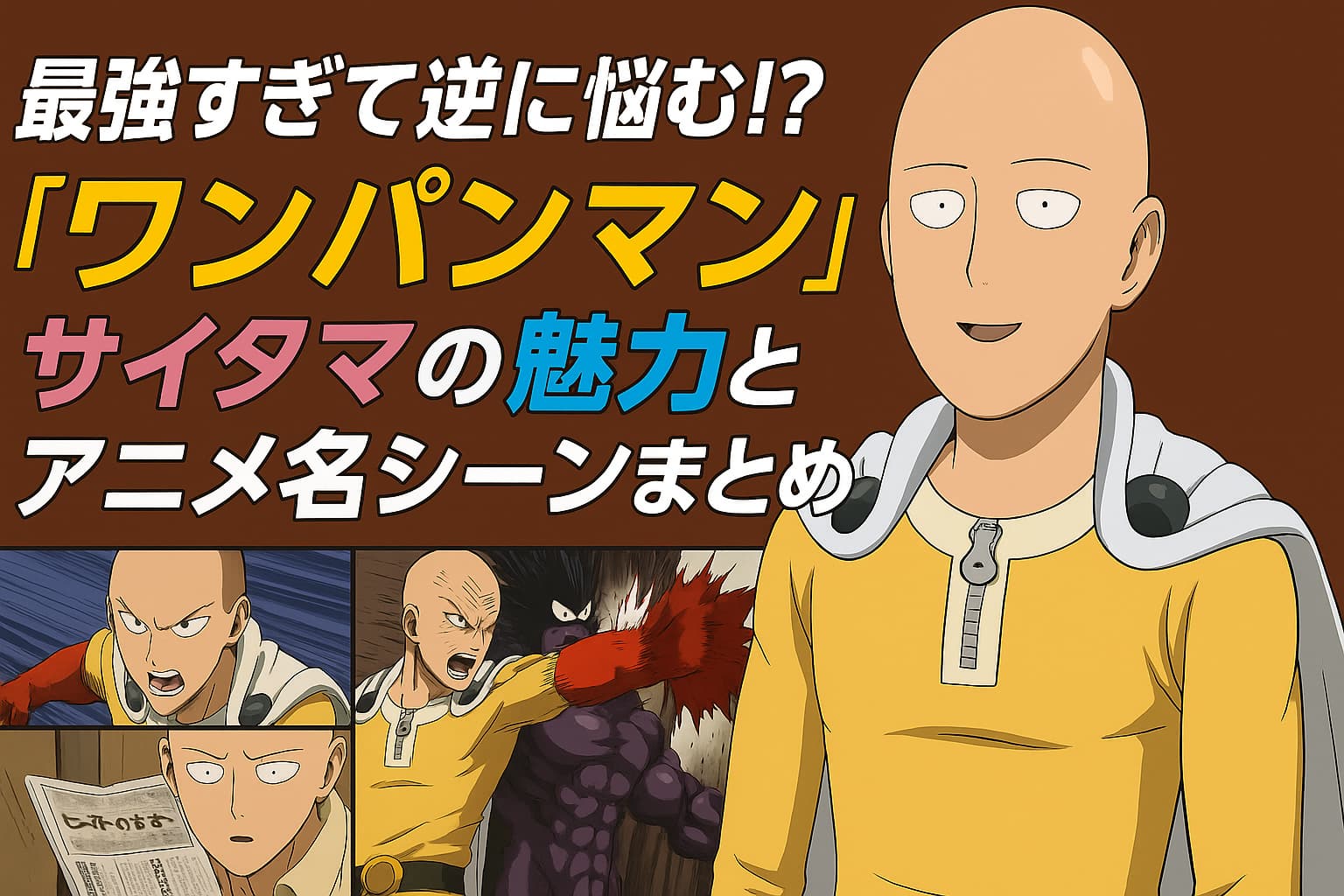 ワンパンマンのサイタマと名シーンを描いたアイキャッチ画像。タイトルとアニメの名場面が並ぶ構成。