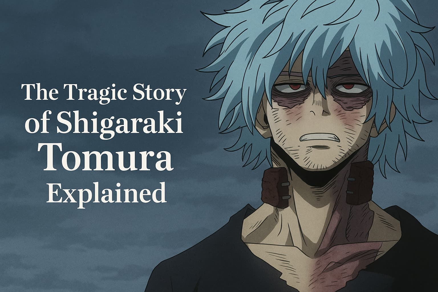 Dramatic anime-style artwork of Shigaraki Tomura from My Hero Academia, standing in darkness with cracked hands and decaying energy around him, symbolizing pain and despair.