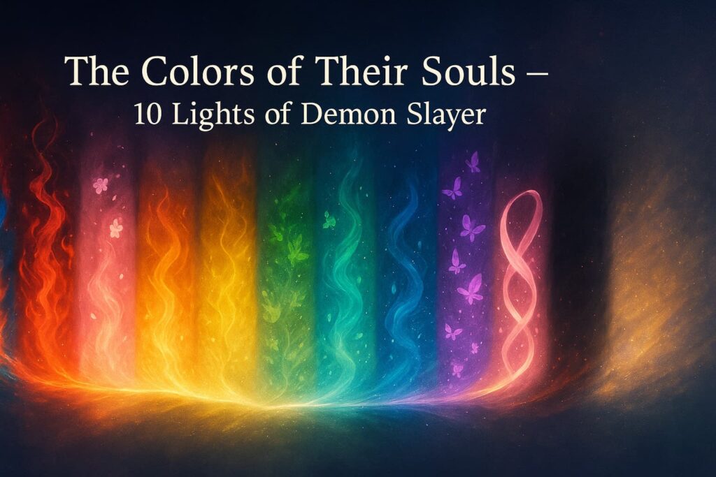 A wide, ethereal illustration titled “The Colors of Their Souls — 10 Lights of Demon Slayer,” showing ten flowing lights symbolizing the spirits of Tanjiro, Nezuko, Rengoku, Zenitsu, Inosuke, Giyu, Shinobu, Mitsuri & Obanai, Muzan, and Kagaya, blending together in harmony.
