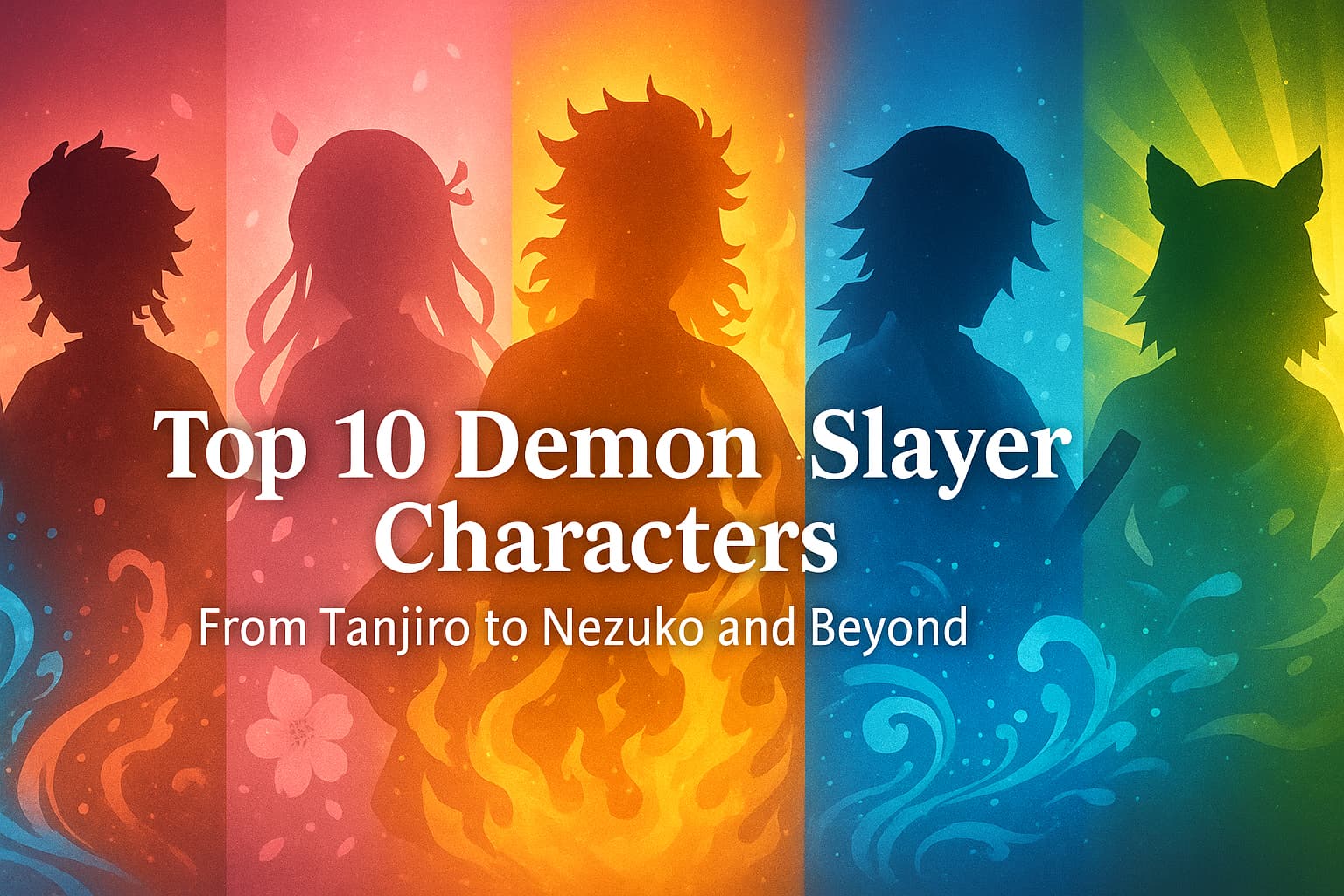 Wide cinematic header image for “Top 10 Demon Slayer Characters — From Tanjiro to Nezuko and Beyond,” featuring abstract colored lights representing each character’s spirit: red, pink, orange, yellow, green, blue, purple, black-red, and white-gold.