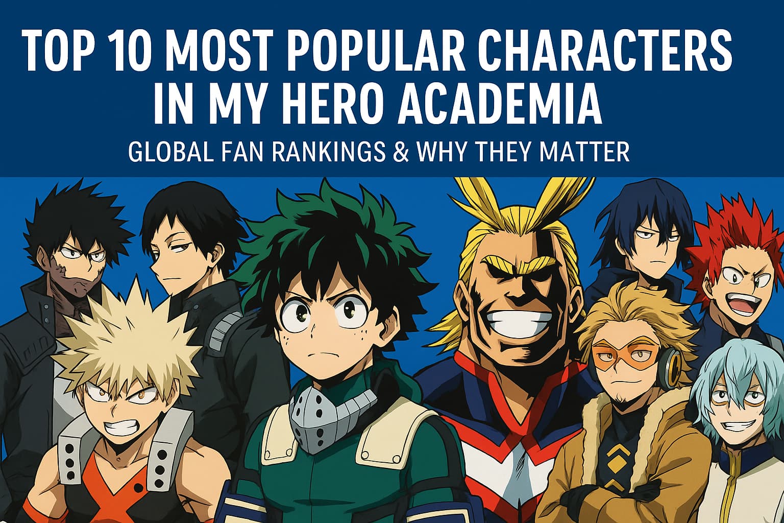 A dynamic banner for “Top 10 Most Popular My Hero Academia Characters,” featuring silhouettes of heroes inspired by Bakugo, Deku, Todoroki, and All Might in bold anime style with red, blue, and gold tones.