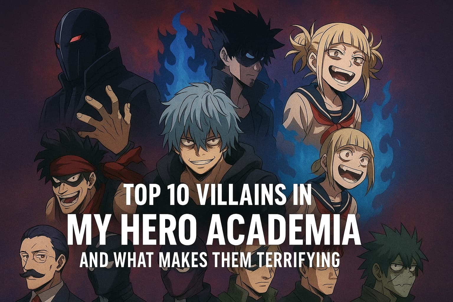Main villains from My Hero Academia including Shigaraki, All For One, Dabi, and Toga in a dark anime-style composition with title “Top 10 Villains in My Hero Academia.”