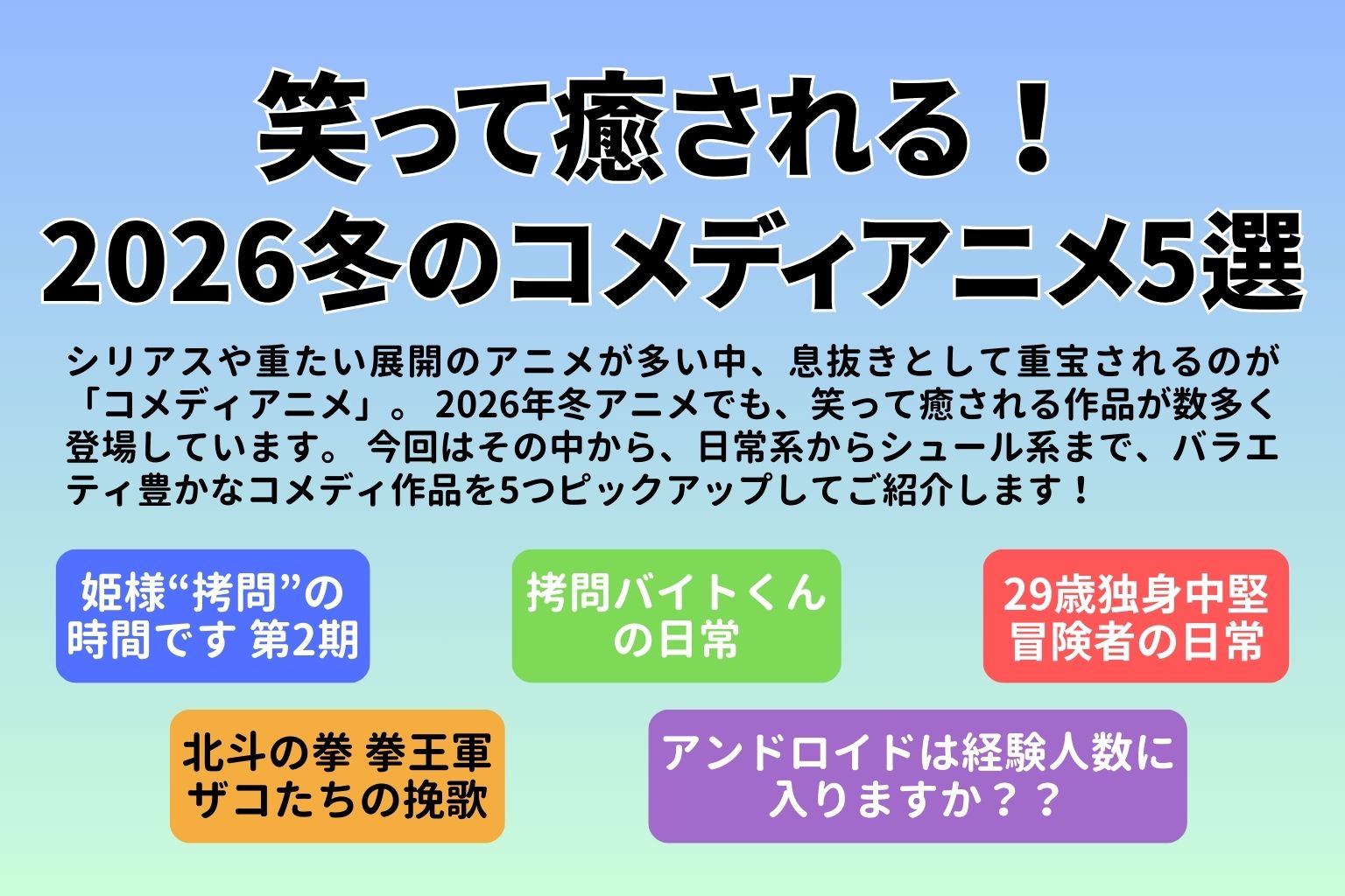 2026年冬のおすすめコメディアニメ5選を紹介するバナー画像。タイトルや各アニメの名前がカラフルなボタンで表示されている。
