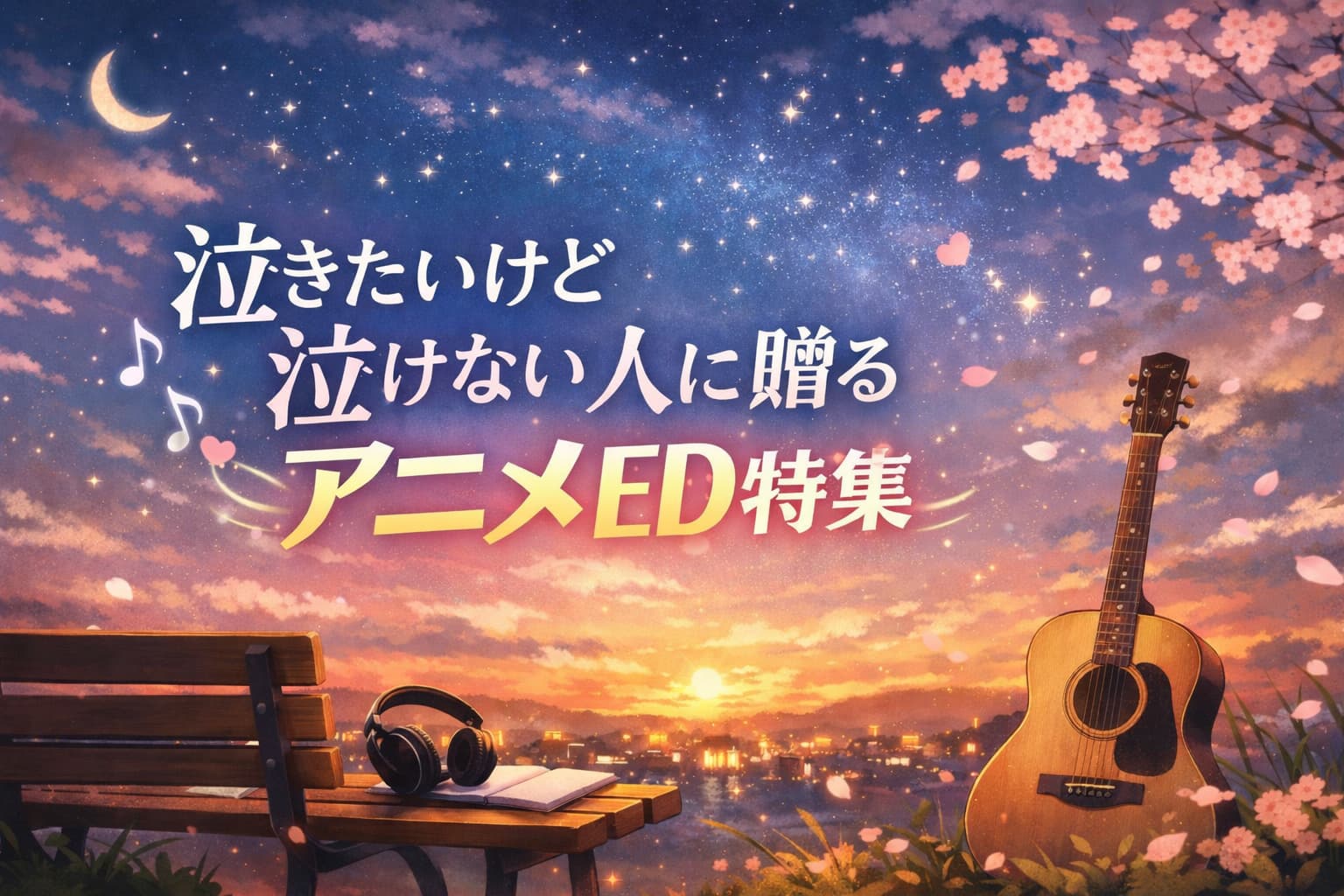 夕暮れの風景とギター、桜が描かれた背景に「泣きたいけど泣けない人に贈るアニメED特集」というタイトルが配置されたアイキャッチ画像