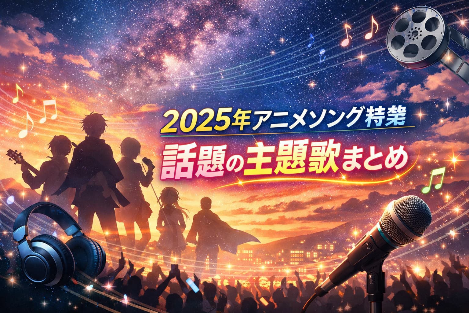 2025年の話題アニメ主題歌を紹介するアイキャッチ画像。夕焼けと夜空が繋がる幻想的な背景に、アニメキャラのシルエットと音楽モチーフが描かれている。