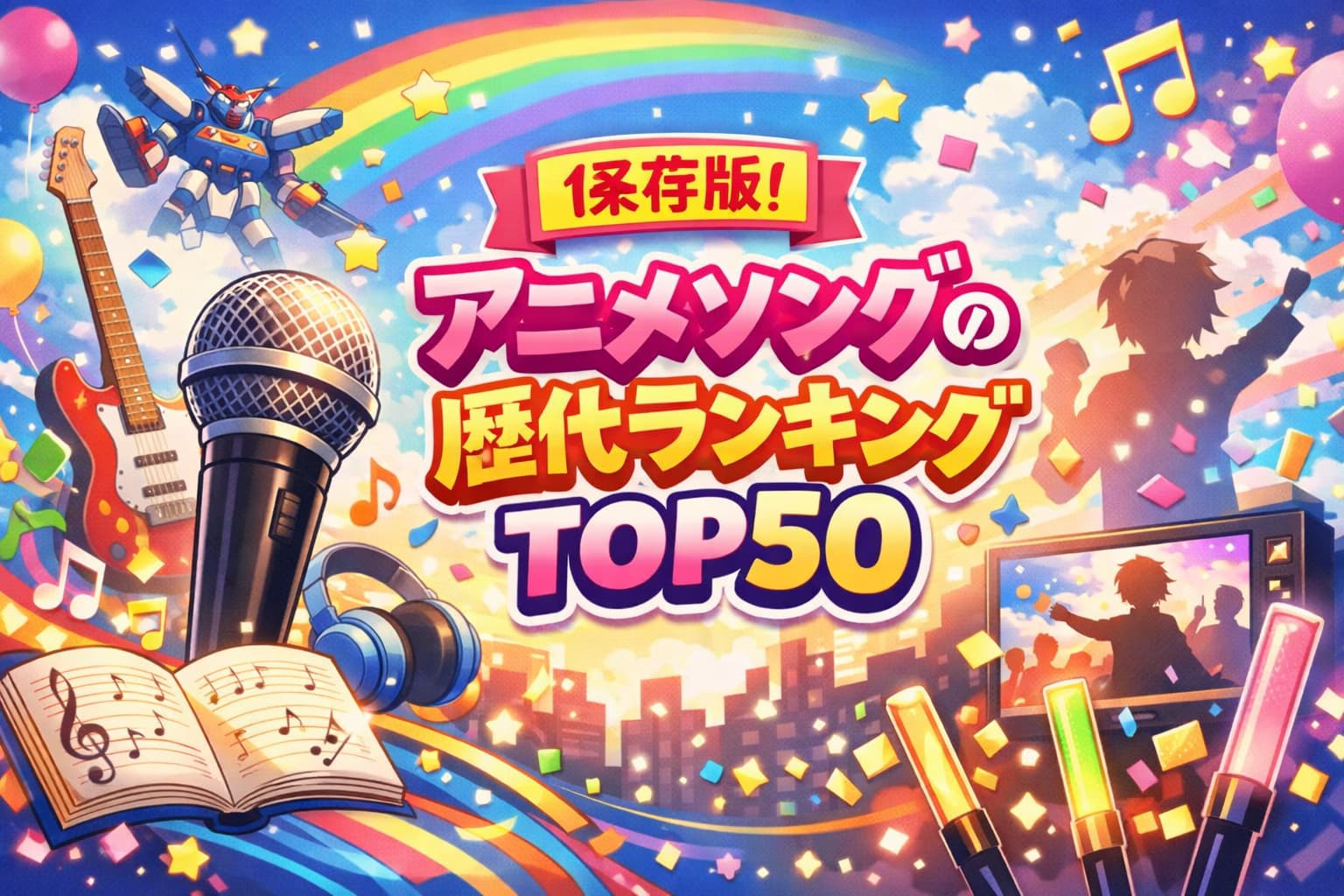 ポップで明るいアニメ風デザインの「アニメソング歴代ランキングTOP50」アイキャッチ画像。昭和から令和までの名曲をイメージしたカラフルなビジュアル。