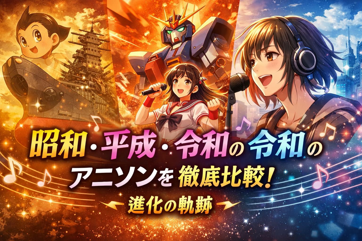 昭和・平成・令和のアニメソングを比較したカラフルなアイキャッチ画像。各時代を象徴するアニメキャラクターと音楽が融合したデザイン。