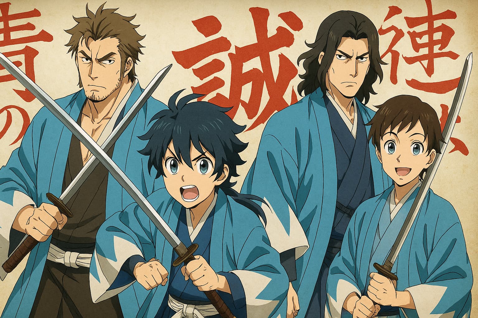 アニメ『青のミブロ』の主要キャラクター4人が剣を構えて立つ、芹沢暗殺編のイメージビジュアル