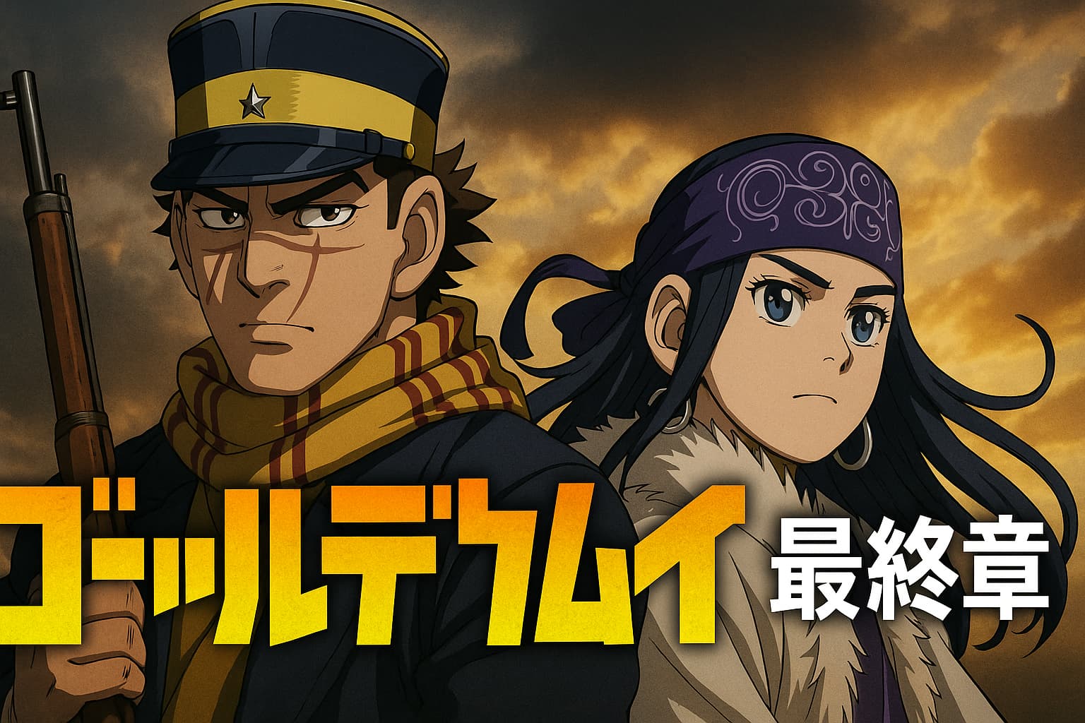 ゴールデンカムイ最終章のアニメ版キービジュアル。杉元とアシㇼパが夕焼け空を背に並ぶ緊張感ある構図。