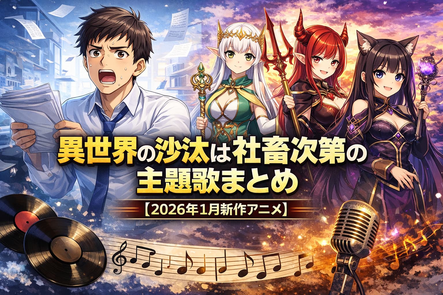 異世界の沙汰は社畜次第の主題歌をまとめたアイキャッチ画像。2026年1月放送の新作アニメのOP・EDを紹介。