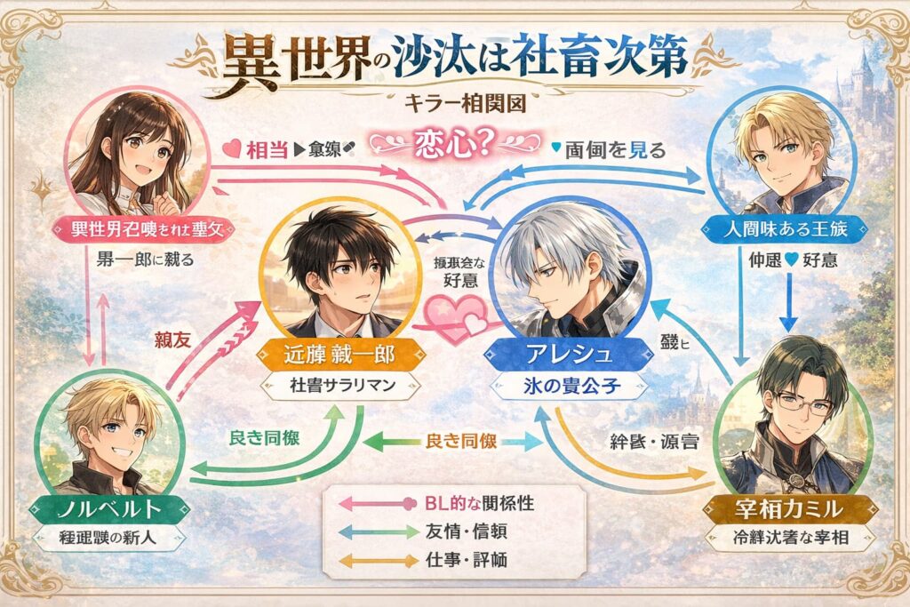 異世界の沙汰は社畜次第のキャラクター相関図。誠一郎を中心にアレシュやノルベルト、カミルら主要人物との関係性が矢印とカラーで示されている。