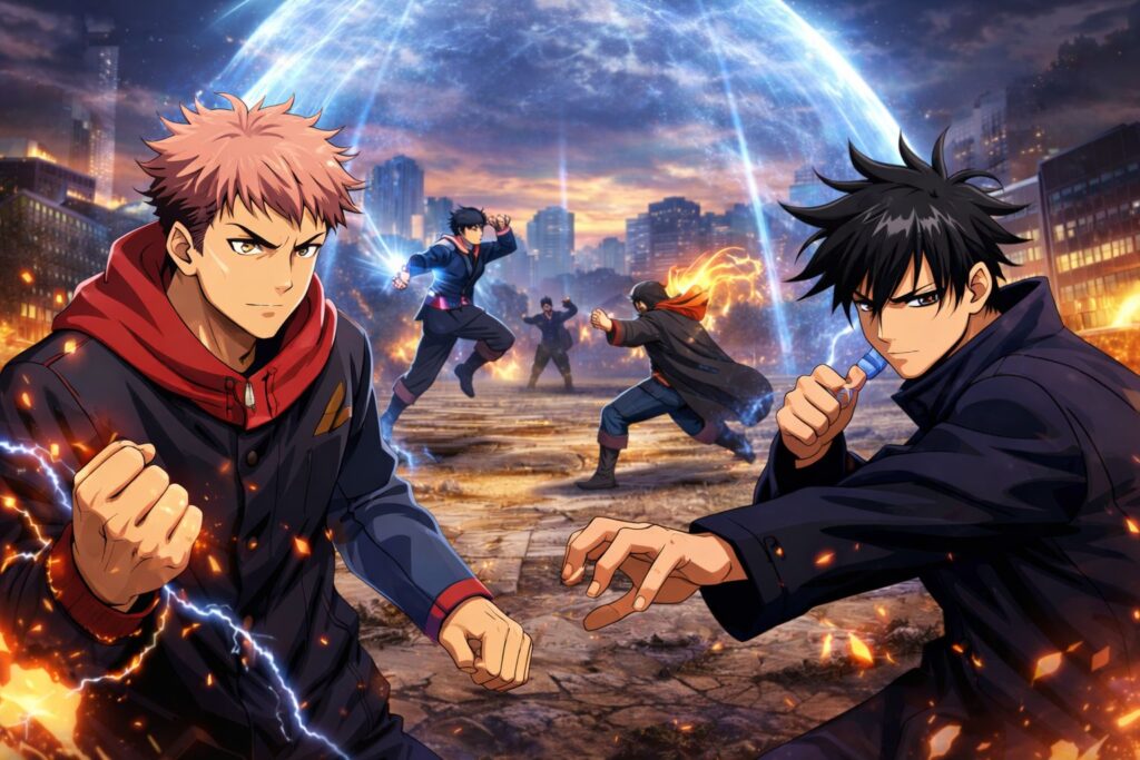 呪術廻戦 死滅回游編の戦闘イメージ。虎杖悠仁と伏黒恵が結界内で戦うアニメ風ビジュアル。