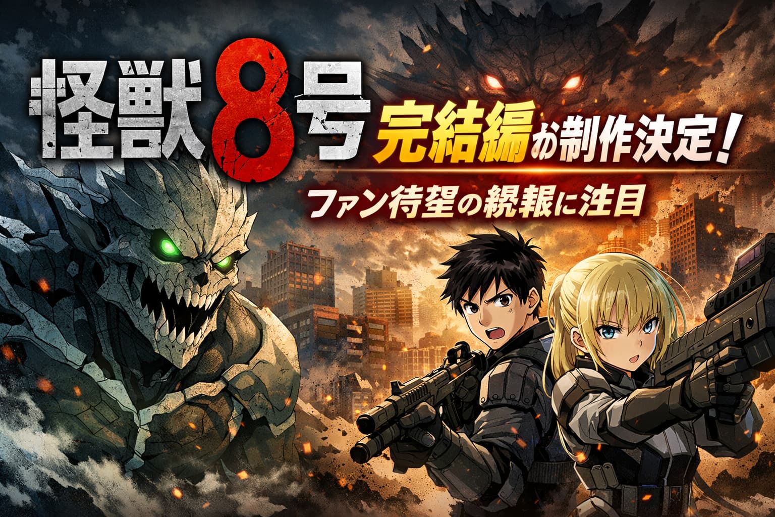 怪獣8号の完結編制作決定を告知するビジュアル。怪獣化した日比野カフカと防衛隊メンバーが描かれ、ファン待望の続報を強調したアイキャッチ画像